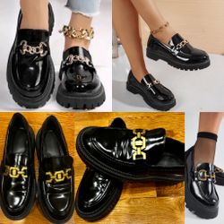 Primark Women's chunky platform Loafers with Gold Chain Accent size 7