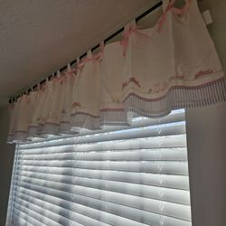 $35.00 - Spring/Easter OR Nursery Window Valance, Embroidered Bunnies/Added Pink Ribbons/Tab Top Hangers - 128" Width!