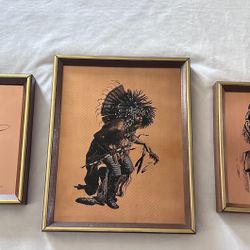 Copper Etched Native American Artwork Set of 3 With Wood and Gold Frames
