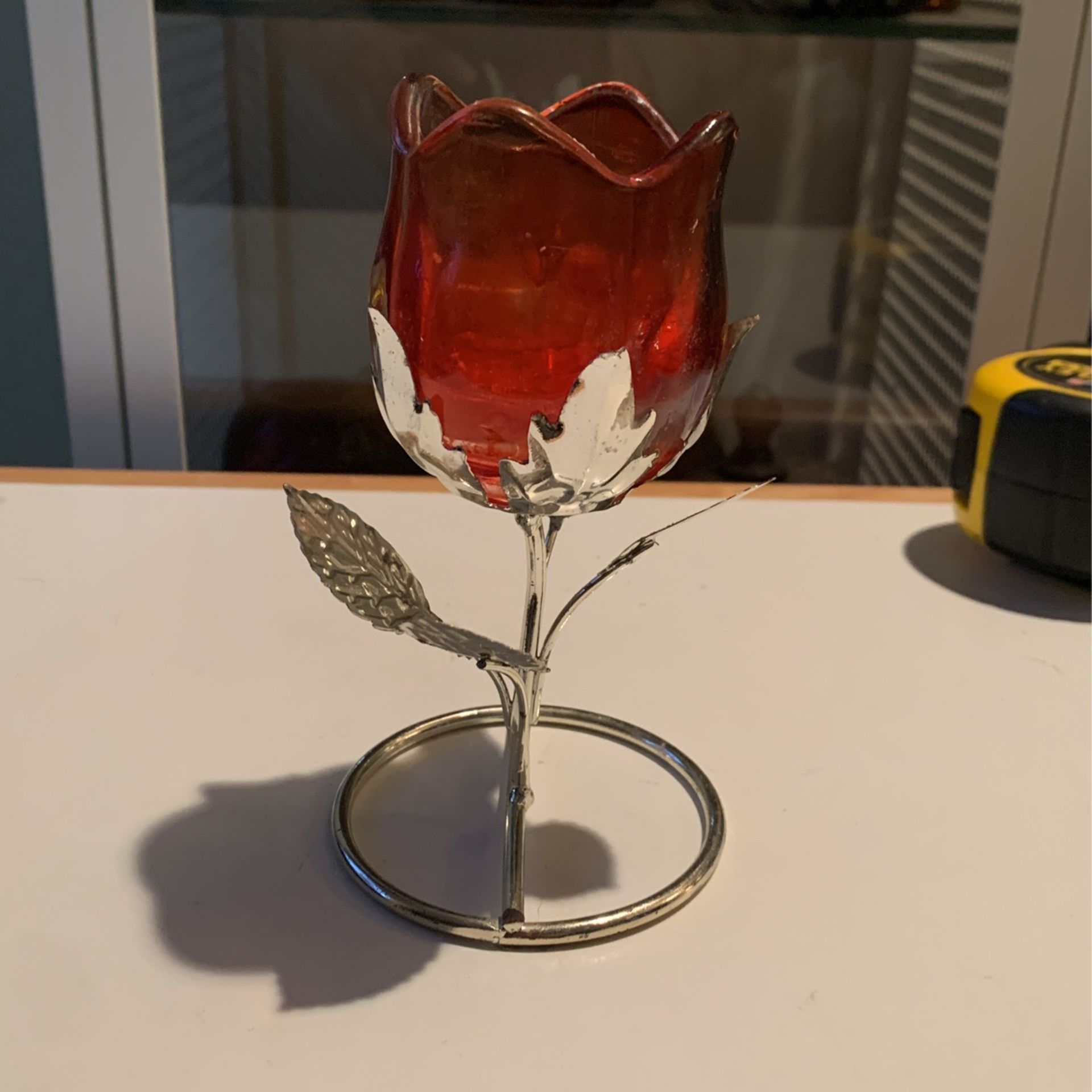 Silver And Red Rose Votive, Tea Light Candle Holder 5.25"