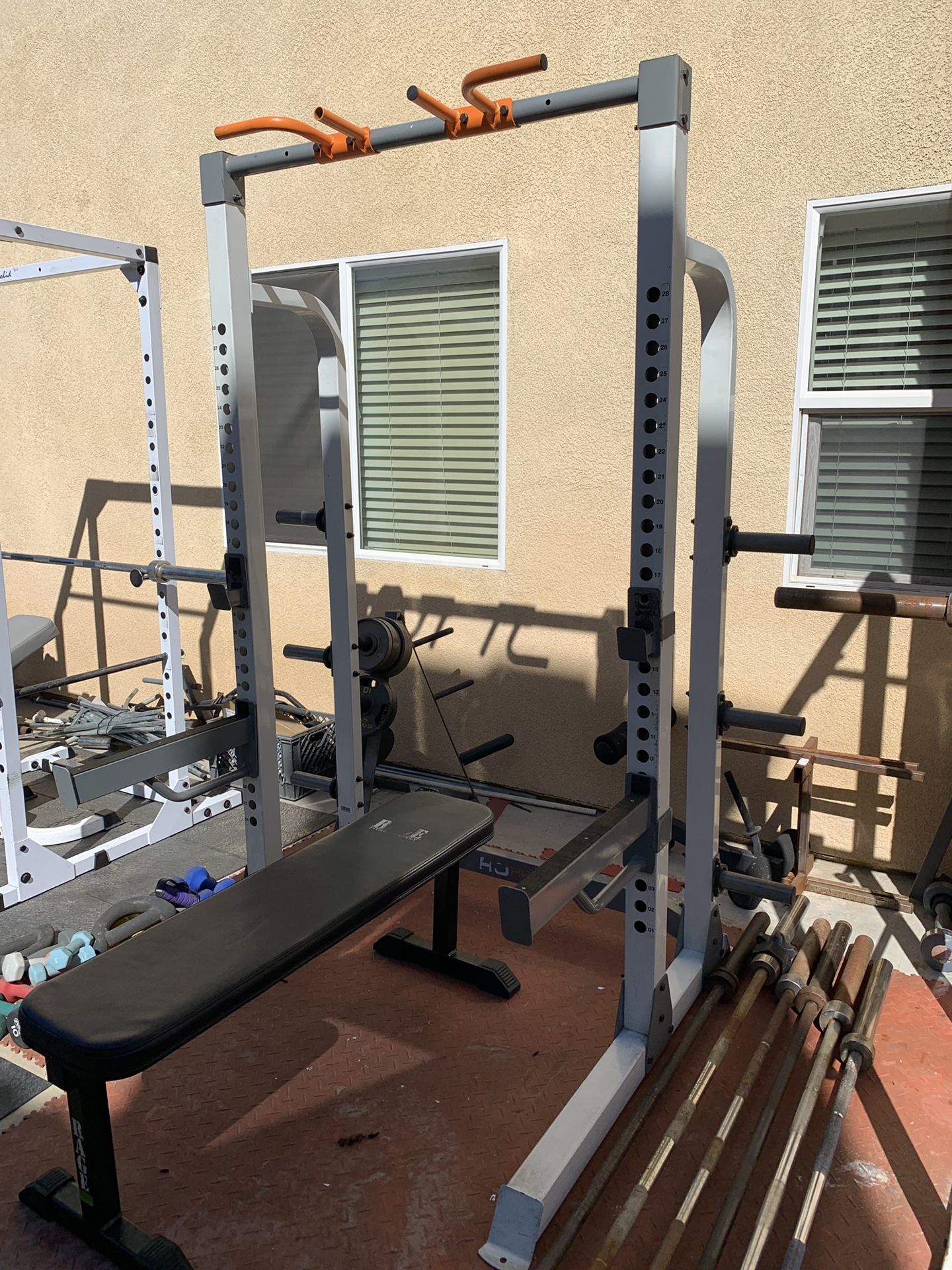 Half squat rack, weights plates, bar, bench and clips