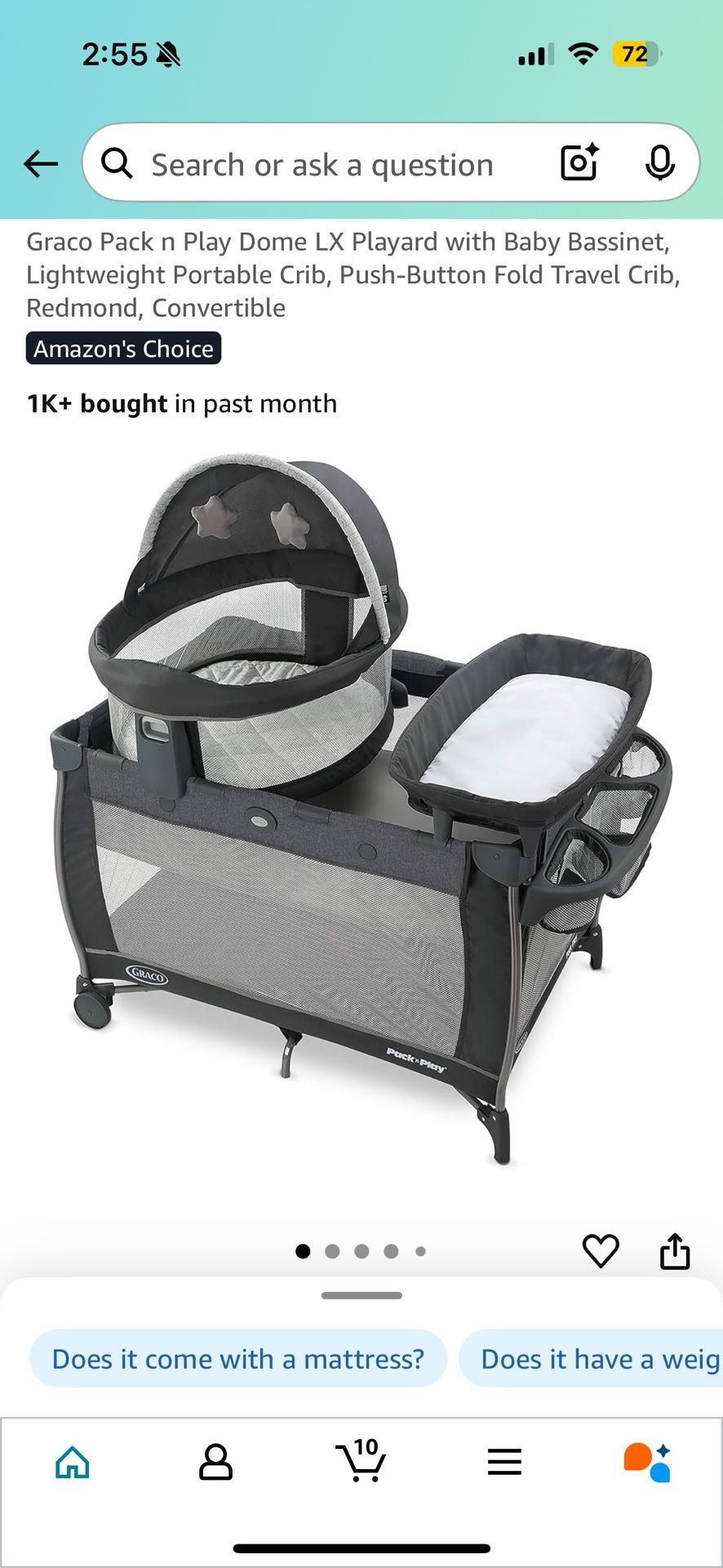 Graco Pack And Play Dome LX Playard with Baby Bassinet, Lightweight Portable Crib, Push-Button Fold Travel Crib, Redmond, Convertible