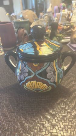 Mexican Talavera Lidded Covered Sugar Bowl Jar Canister Dish Lead Free Colorful