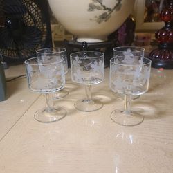 1960s Cordial Brandy Desert Etched Crystal Stemmed Glasses