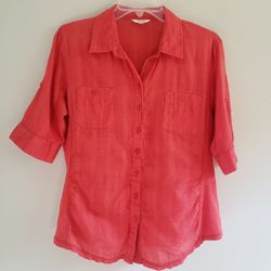 Maurices Coral Textured Button Down Roll-Tab Sleeve Top - Large