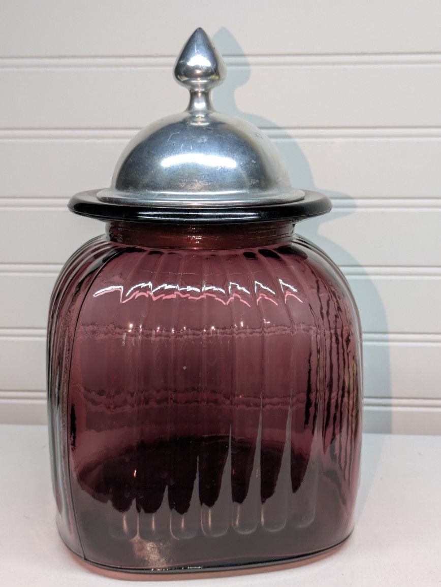 Vintage Amethyst Plum Purple Glass Jar W/ Pewter Lid
