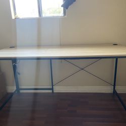 Light Wood Minimalist Computer Desk with Built-in Power Outlet 
