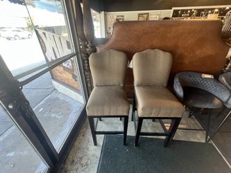 STOOLS: Stools* Cisco Brothers Set of two bar height tall with dark grey fabric with small green and fan paisley design. SKU G6Q1SK