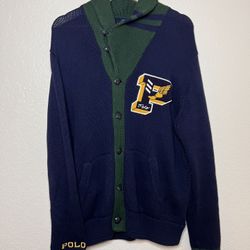 Mens Polo Ralph Lauren Letterman P Wing Cardigan Jacket Size Medium Navy/Green