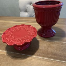 Red ceramic cake stand and vase