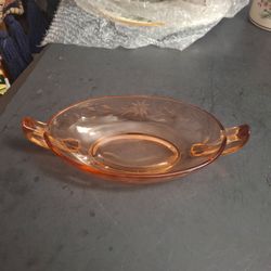 Pink Depression Glass Oval Dish W/2 Handles & Etched Floral Pattern Vintage 1930's 10.5 X 5 X 2"H Gorgeous