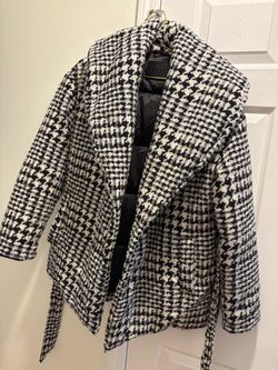 Black & White Houndstooth Wool Blend Coat