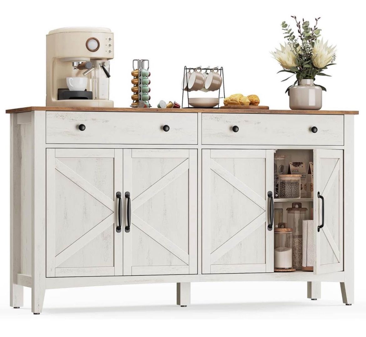 Buffet Cabinet, Coffee Bar Cabinet with 2 Drawers, Adjustable Shelves, Sideboard Storage with Cable Holes, Drawer Dividers, Rustic White a