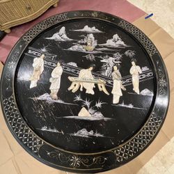 Black Lacquer Asian Accent Table with Mother of Pearl Inlay