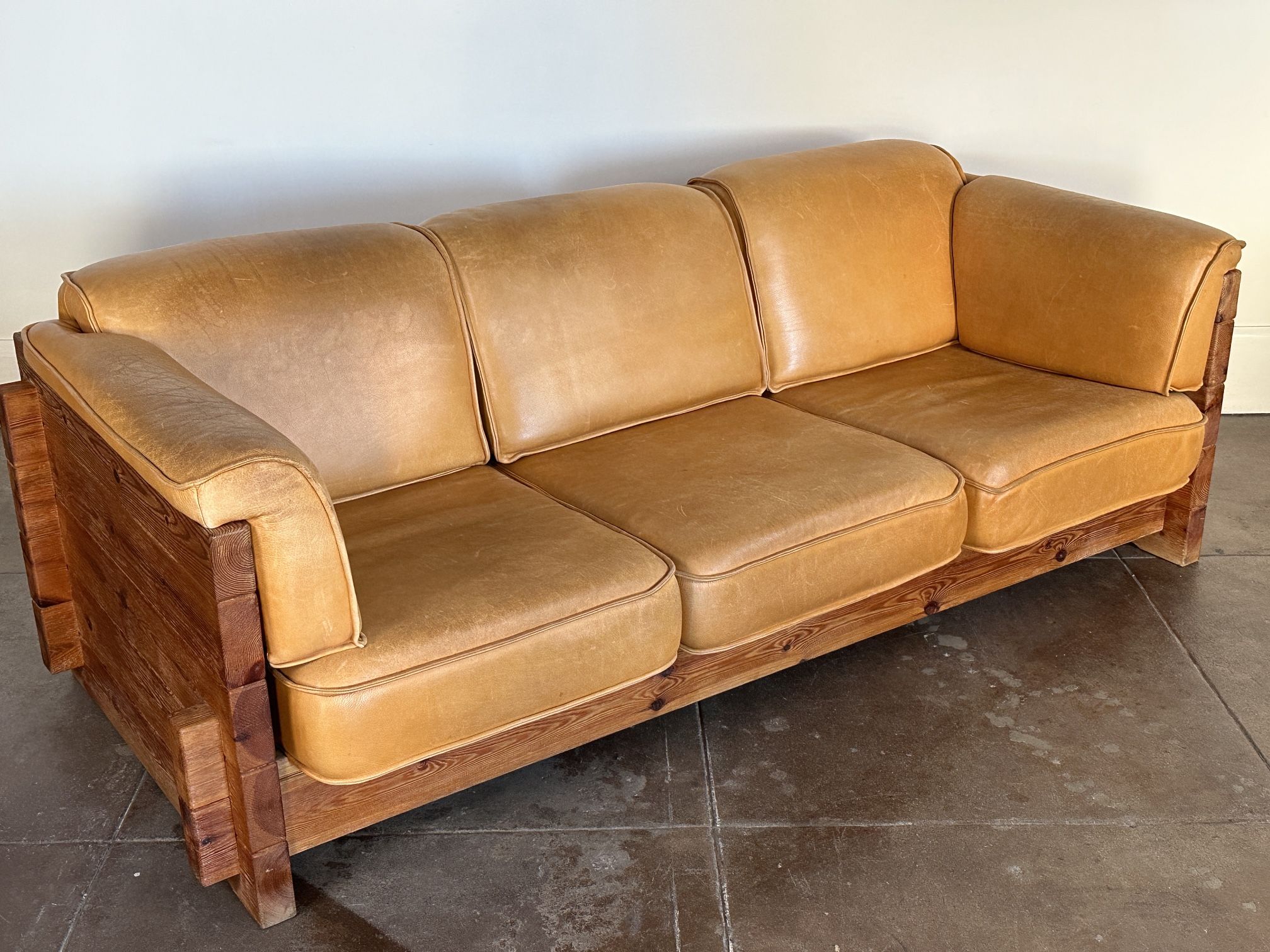 1960’s Scandinavian Leather And Pine Sofa