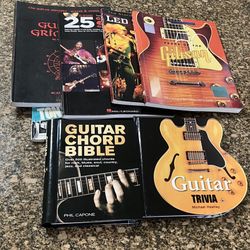 GUITAR ENTHUSIASTS!!! 6 books, new or like new. Chords, scales, modes, solos……rock, blues, country, jazz, classical, etc. History of Gibson Les Paul