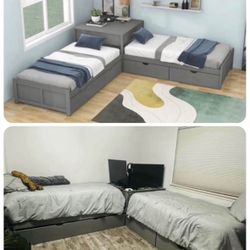 Twin L-Shaped Storage Bed Set – 3 Beds + Drawers + Mattresses – Gray