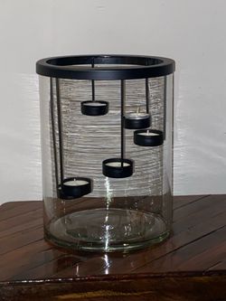Glass Cylinder Hurricane Candle Holder with the Black Metal  Accent H10” and 8” in diameter - Perfect Table Centerpiece