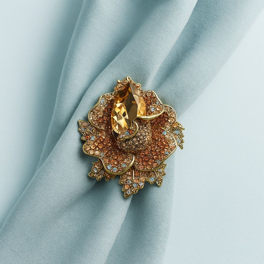 JJ Fantasia  2000s Gold Brown Aurora Borealis Crystal Flower Brooch, 2x2.75”