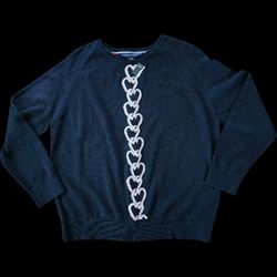 Tommy Hilfiger Womens Chained Heart Navy Raglan Pullover Sweater SZ Large NWT 