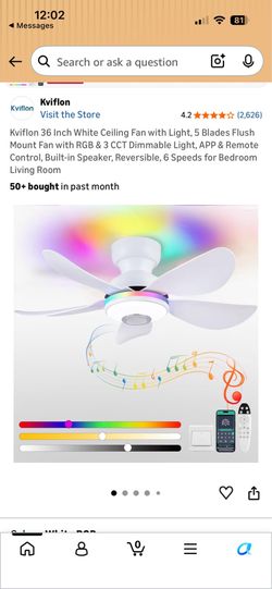 36 Inch White Ceiling Fan with Light with RGB & Dimmable Light, APP & Remote Control Speaker (B)