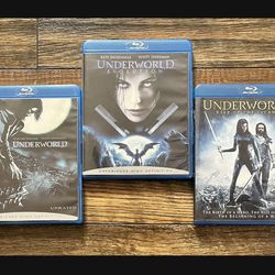 UNDERWORLD Trilogy on Blu-Ray Disc: Underworld (#1) Unrated Edition, Evolution (#2) and Ride Of The Lycans (#3) Lot of Three Used Movies