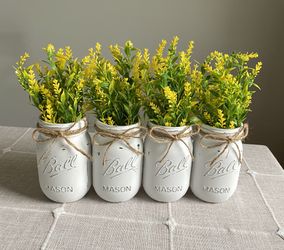 Chalk Painted & Distressed Mason Jar Vases w/faux Flowers Included 4 for $23