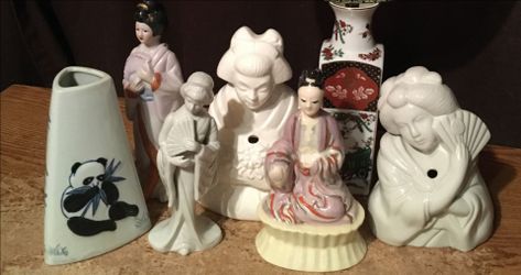 Lot of seven vintage Japanese geisha girl figurines and vases and incense burners