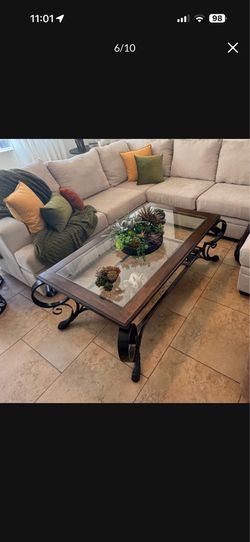 Rustic Wood, Iron and Glass Coffee Table Mesa Approx 29” x 50”