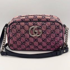Gucci GG Marmont Quilted Pink Fabric GG Canvas Small Shoulder Bag & Box