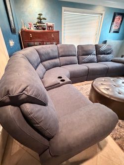 Blue/Grey Tint Fabric Sectional Sofa with Cup Holders