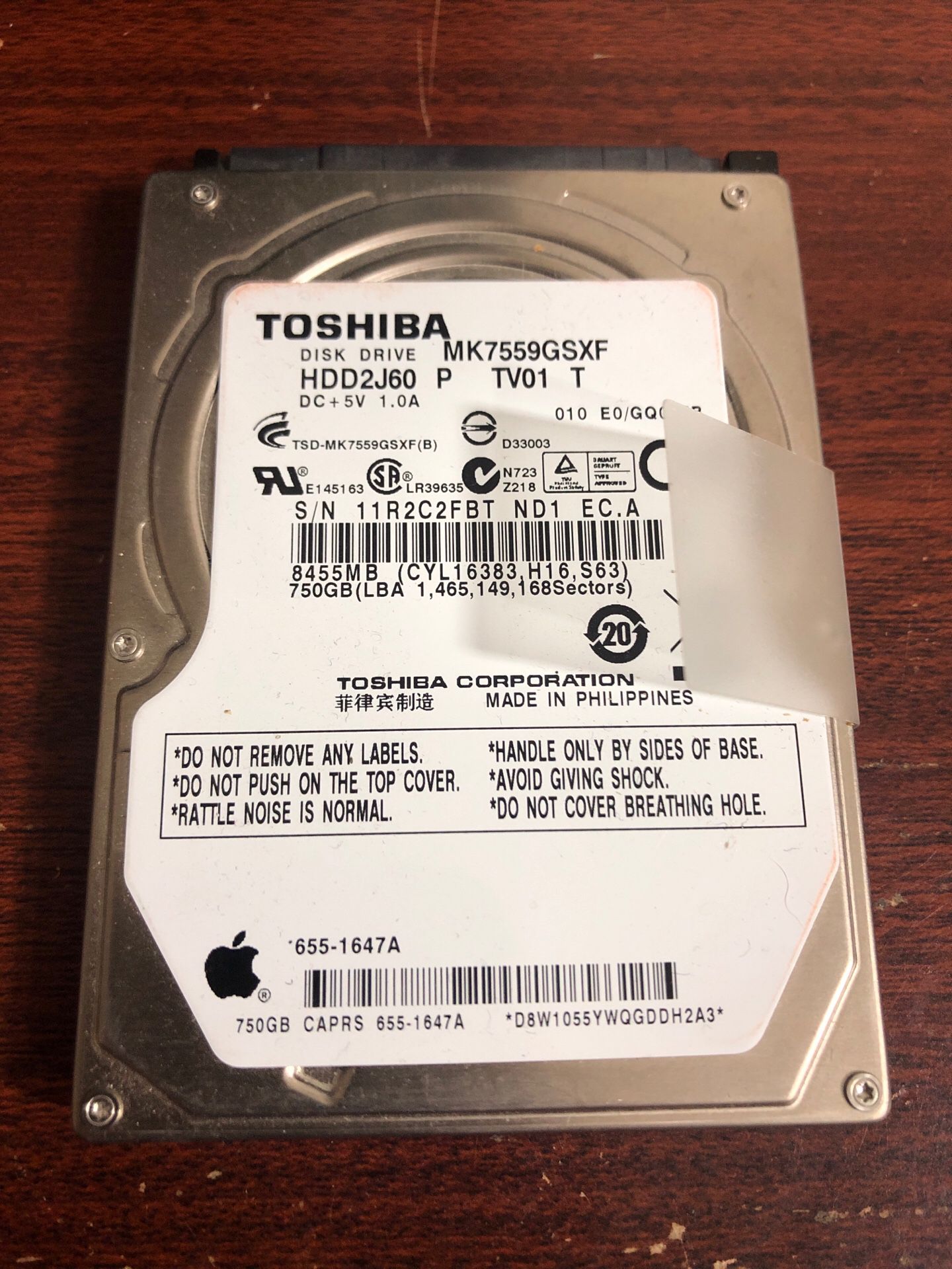 750gb Toshiba Hard drive for MacBook Pro 15”