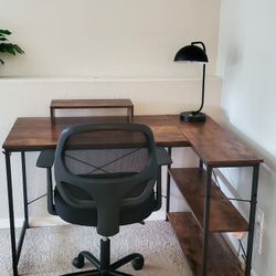 ODK Brand L- Shaped Computer Desk With Storage Shelves And Chair