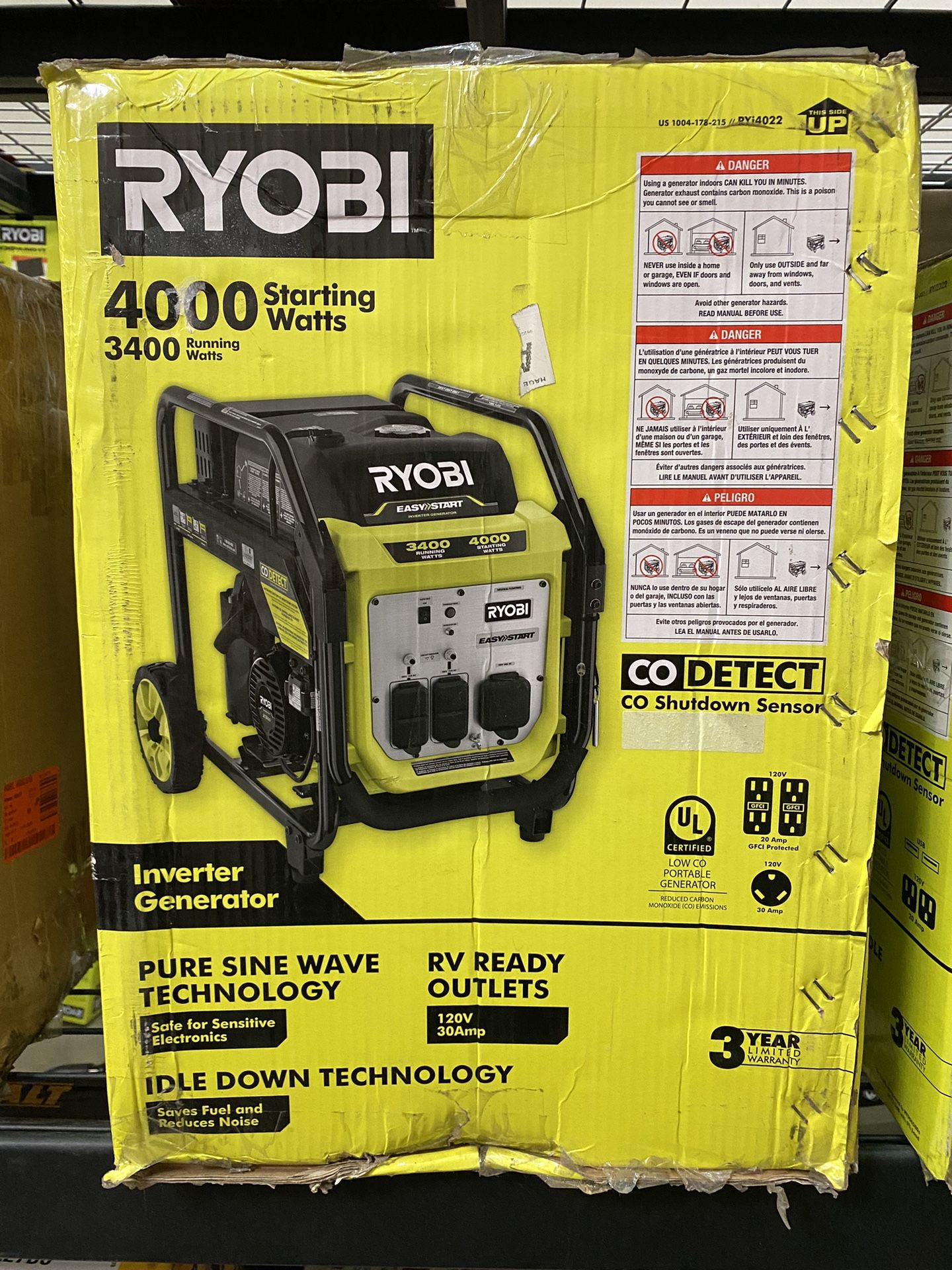 BRAND NEW IN BOX RYOBI 4000-Watt Recoil Start Gasoline Powered Digital Inverter Generator with CO Shutdown