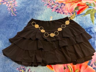 Black Tiered Ruffle Mini Skirt with Gold Chain Belt