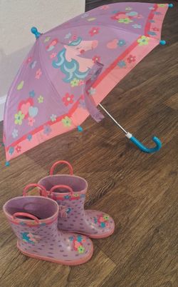 Purple Unicorn Rain Boots & Matching Umbrella Girls Size 10 