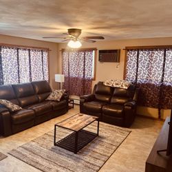Brown Leather Power Reclining Couch Set With USB Ports