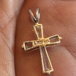 14k Solid White Gold Cross Pendant With Genuine Crystals