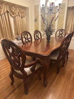 Ornate Wood Dining Table with 6 Chairs