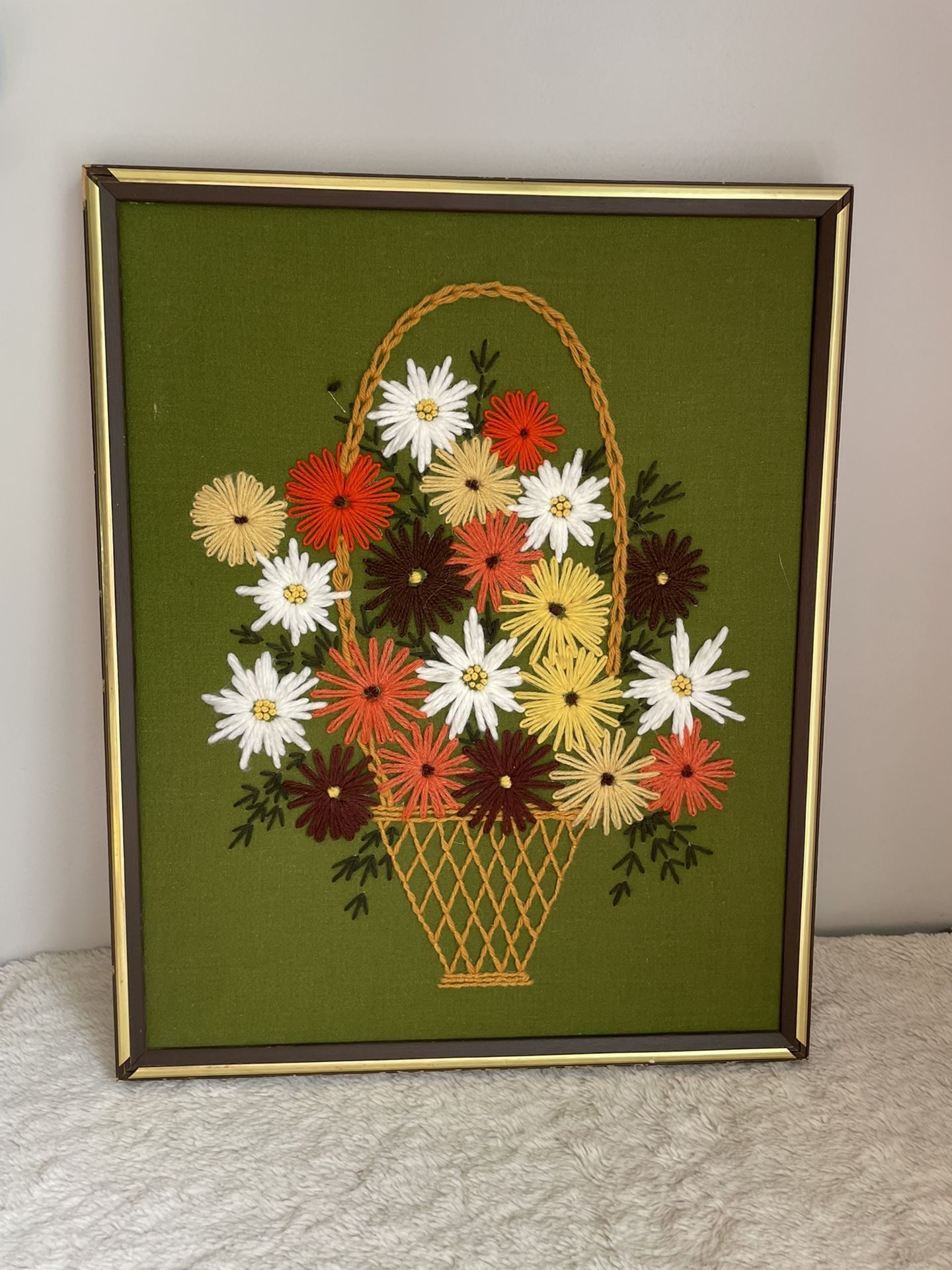 Vintage Crewel 1970s Embroidered Framed Artwork Retro Home Decor 70s