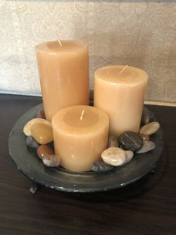 New three candles with rocks and glass dish with metal rack display
