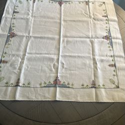 Vintage Linen? Cross Stitch Pagoda Trees Tablecloth Asian Oriental