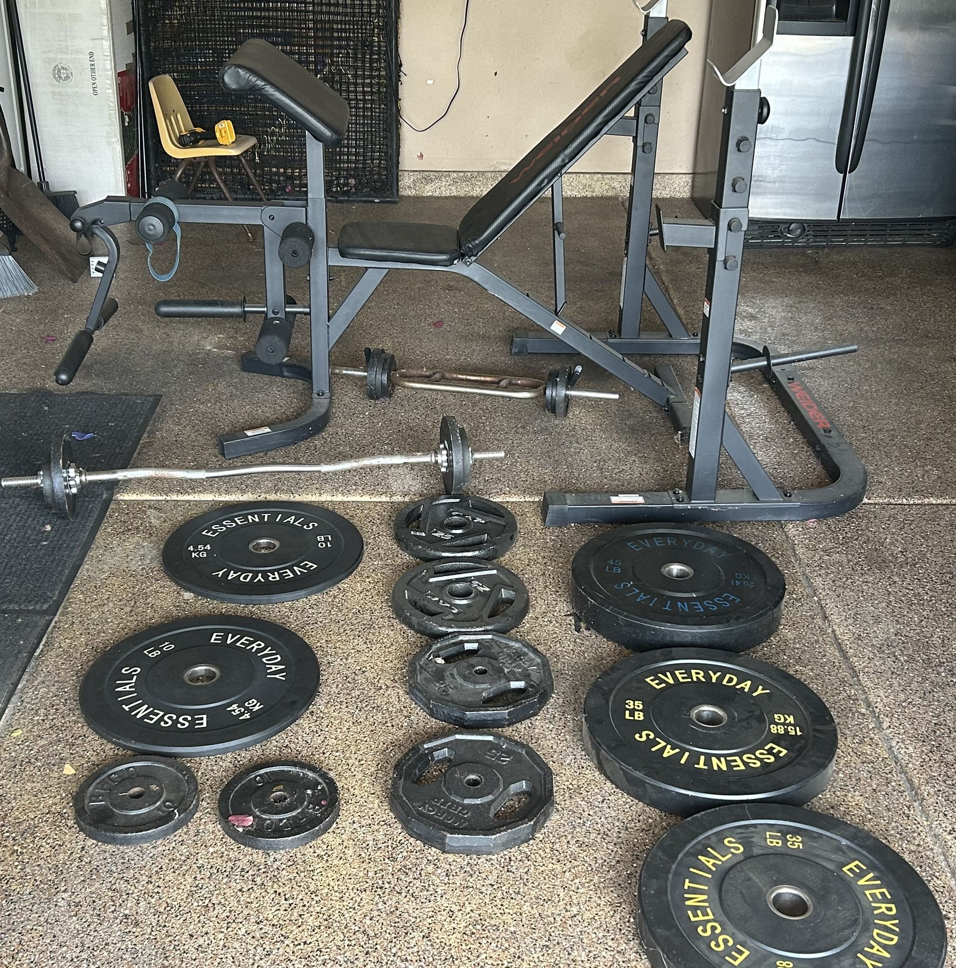 Weight Bench And Weight Set With Bench Press Bar