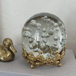 Vintage Large Ornate Gold Gilt Footed Stand Crystal Ball Orb Sphere Collectible Hollywood Regency Footed Heavy Hand Blown French Style Art Deco Mid Ce