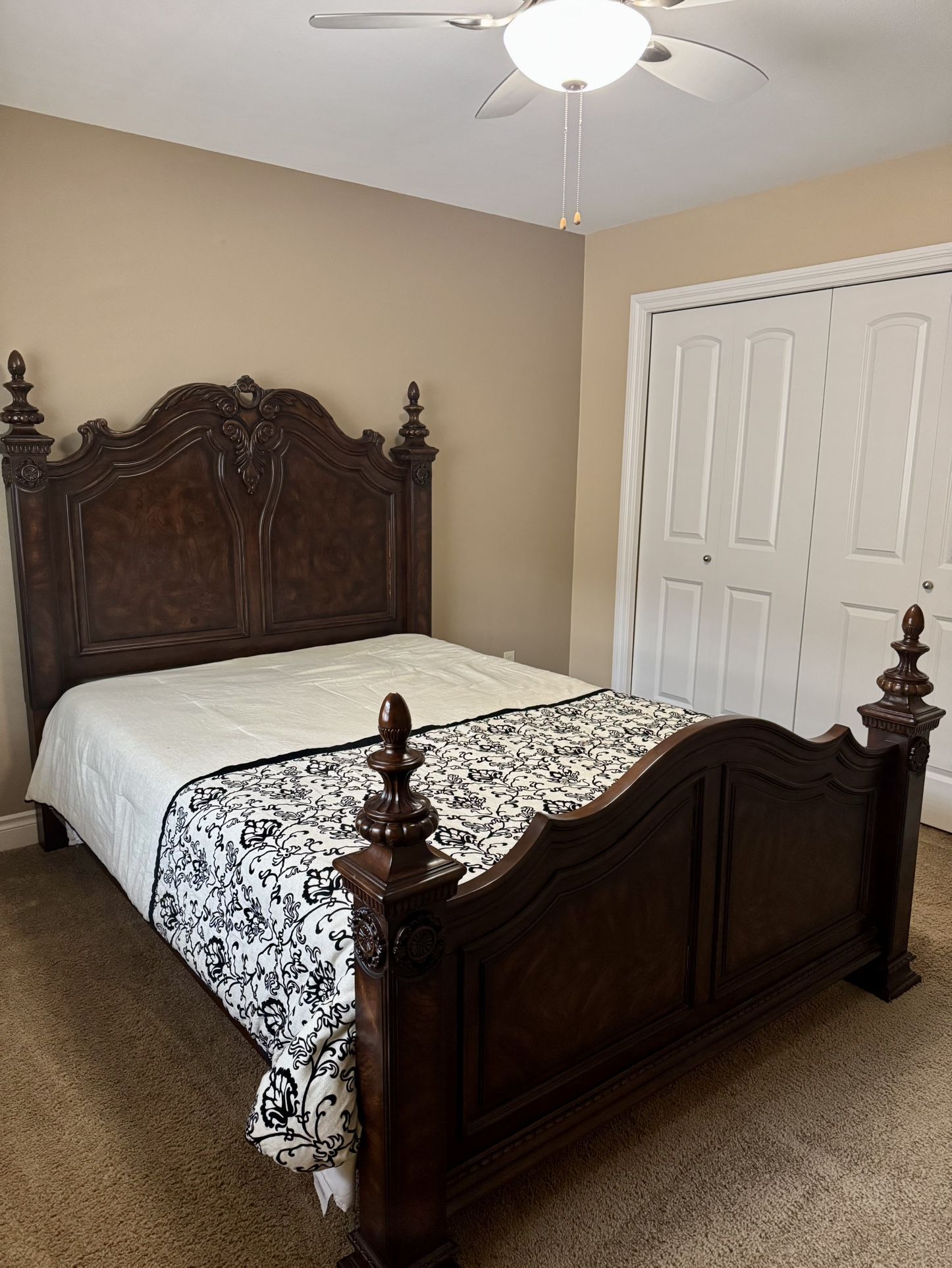 Beautiful bedroom walnut furniture set! Queen bed frame, 2 night stands, large dresser, and armoire!