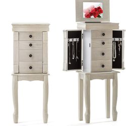 Standing Jewelry Armoire, 4 Drawers & 2 Side Doors Jewelry Armoire Cabinet Standing with Top Flip Makeup Mirror, Jewelry Chest Jewelry Boxes,Birthday 