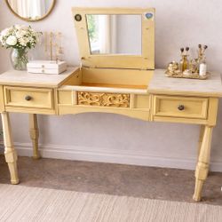 1947 Vintage Vanity Dressing Table w/ Hidden Flip-Up Mirror, Drawers & Carved Detail