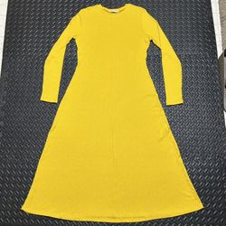 Zara Midi Sweater Dress Ribbed Knit Yellow Long Sleeve Bodycon Casual Womens XL