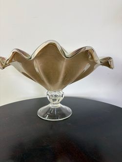 Vintage Murano Style White Cristal Italy Large Pedestal Fruit Bowl Centerpiece