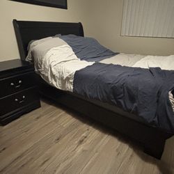 Bed Frame, Long Dresser With Mirror, & Side Table